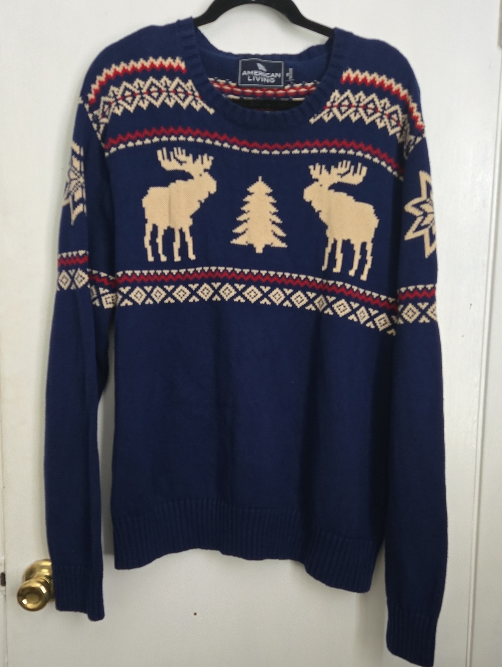 American Living Navy Fair Isle Moose Crewneck Sweater 100% Cotton XL